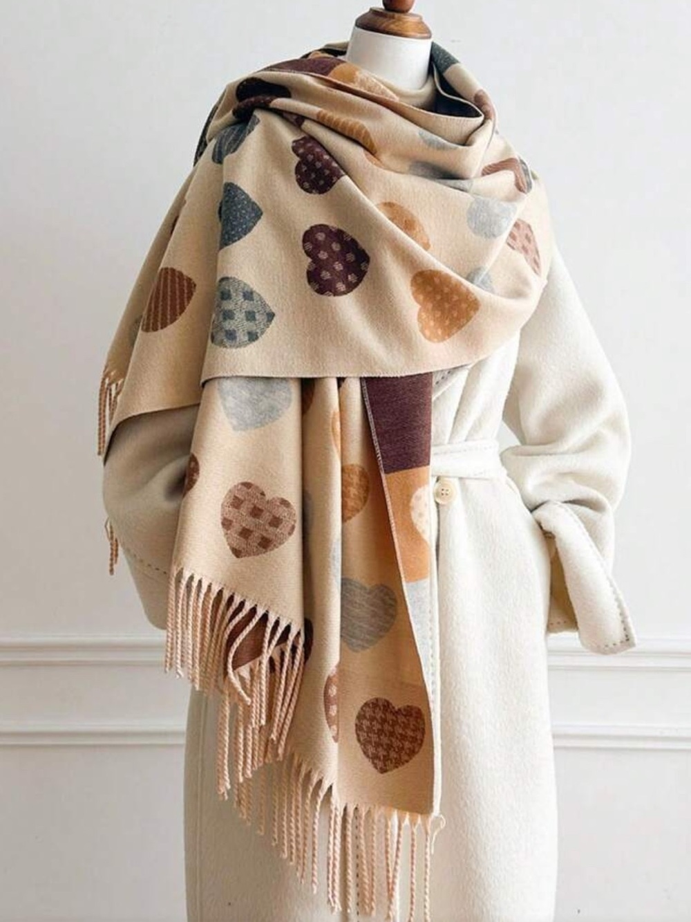 🤎 Beige Heart Pattern Fringe Scarf - Women Accessories